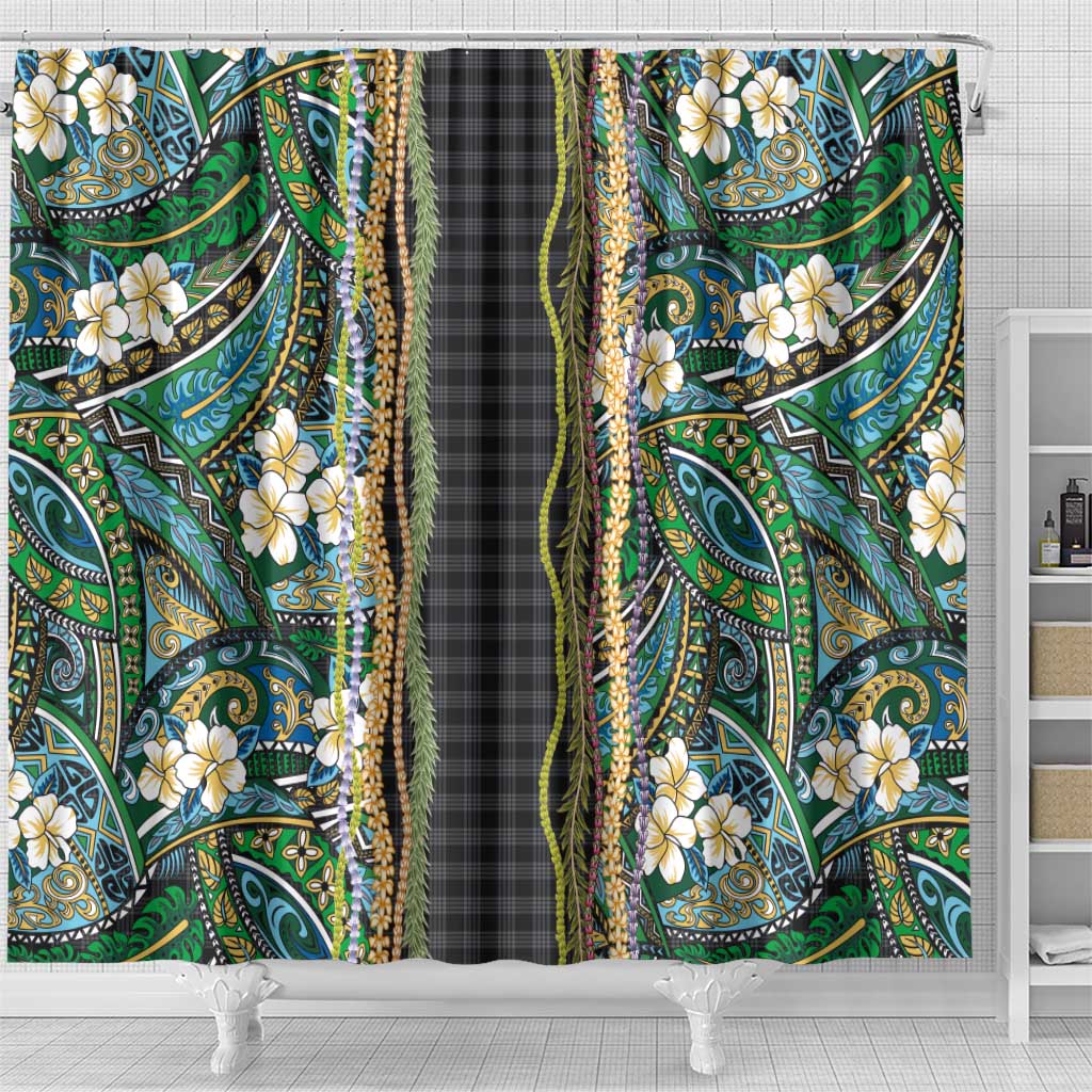 Hawaiian Art Flower Tribal with Lei Shower Curtain Palaka Pattern Black Color - Polynesian Pride