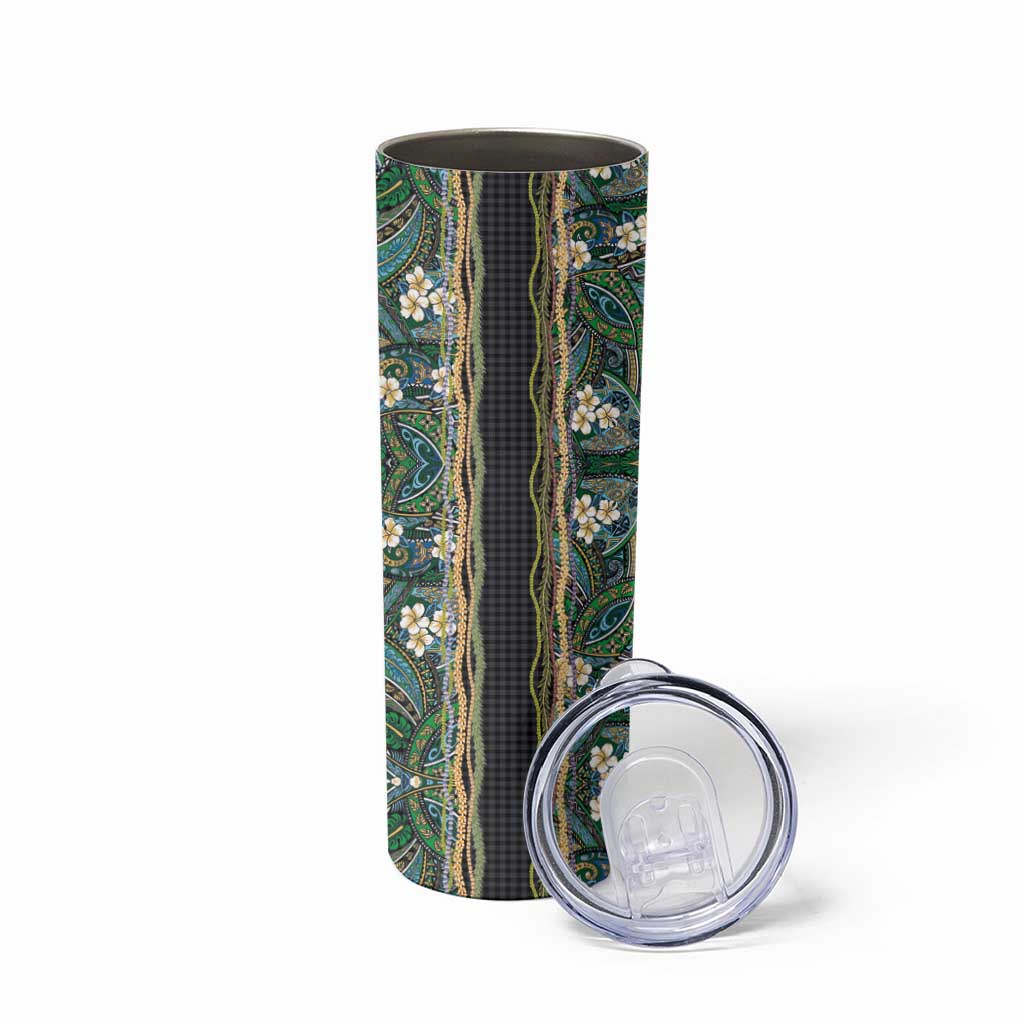 Hawaiian Art Flower Tribal with Lei Skinny Tumbler Palaka Pattern Black Color - Polynesian Pride