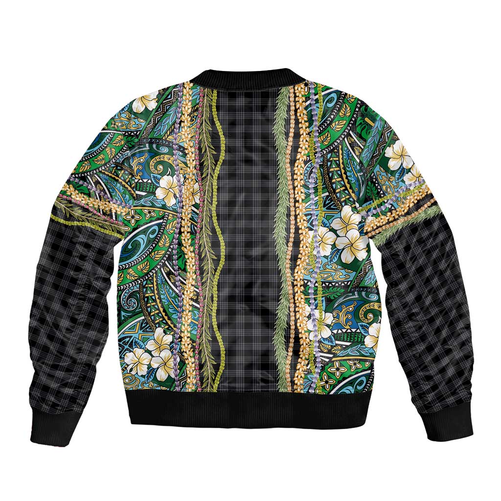 Hawaiian Art Flower Tribal with Lei Sleeve Zip Bomber Jacket Palaka Pattern Black Color - Polynesian Pride