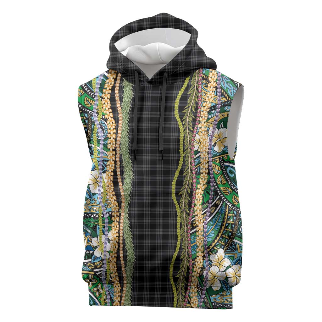 Hawaiian Art Flower Tribal with Lei Sleeveless Hoodie Palaka Pattern Black Color - Polynesian Pride