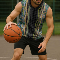 Hawaiian Art Flower Tribal with Lei Sleeveless Hoodie Palaka Pattern Black Color - Polynesian Pride