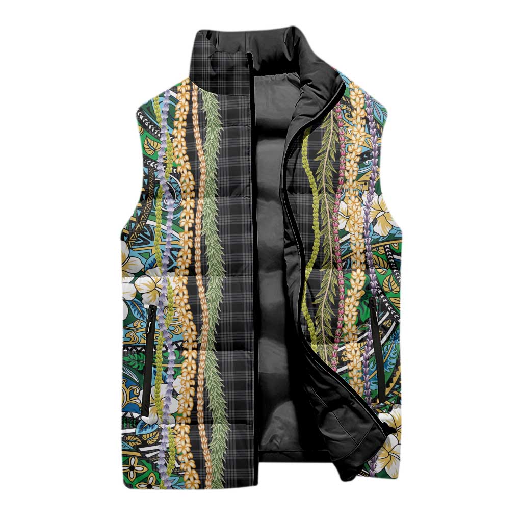 Hawaiian Art Flower Tribal with Lei Sleeveless Puffer Jacket Palaka Pattern Black Color - Polynesian Pride