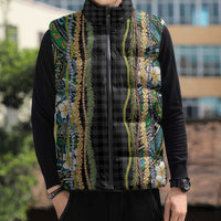 Hawaiian Art Flower Tribal with Lei Sleeveless Puffer Jacket Palaka Pattern Black Color - Polynesian Pride