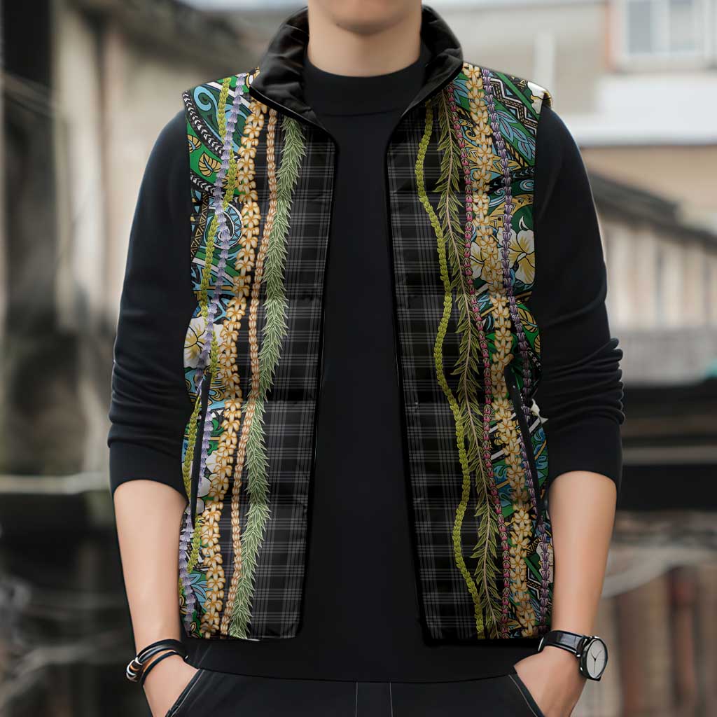 Hawaiian Art Flower Tribal with Lei Sleeveless Puffer Jacket Palaka Pattern Black Color - Polynesian Pride