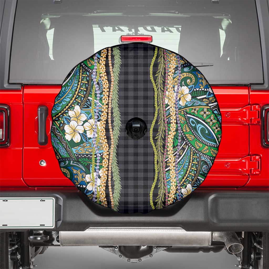 Hawaiian Art Flower Tribal with Lei Spare Tire Cover Palaka Pattern Black Color - Polynesian Pride