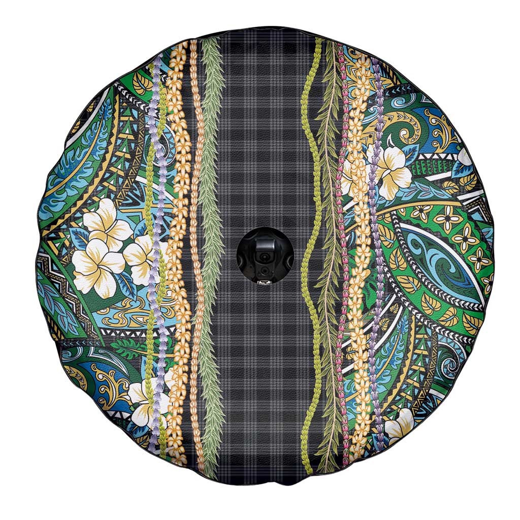 Hawaiian Art Flower Tribal with Lei Spare Tire Cover Palaka Pattern Black Color - Polynesian Pride