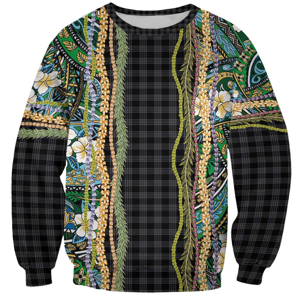 Hawaiian Art Flower Tribal with Lei Sweatshirt Palaka Pattern Black Color - Polynesian Pride