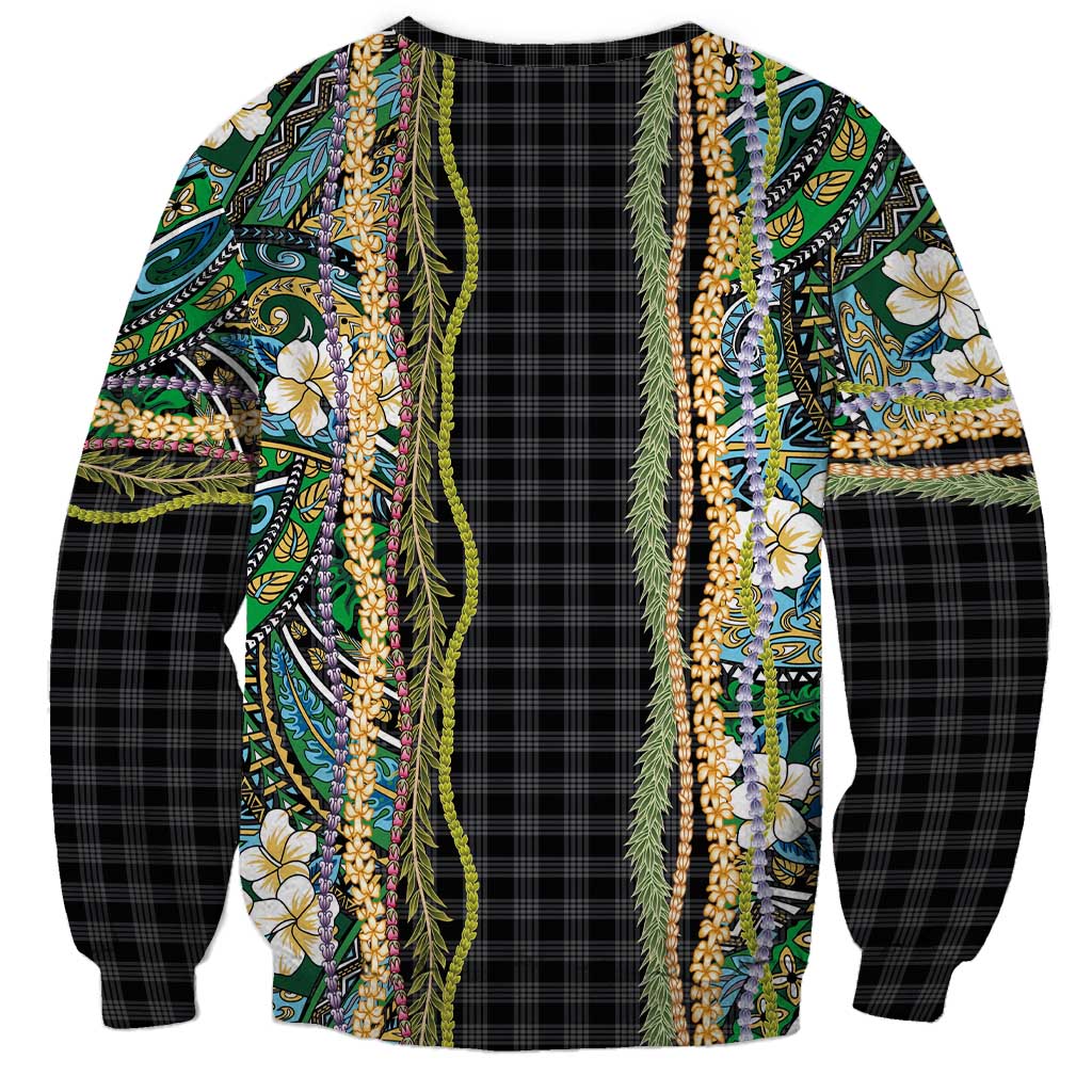 Hawaiian Art Flower Tribal with Lei Sweatshirt Palaka Pattern Black Color - Polynesian Pride