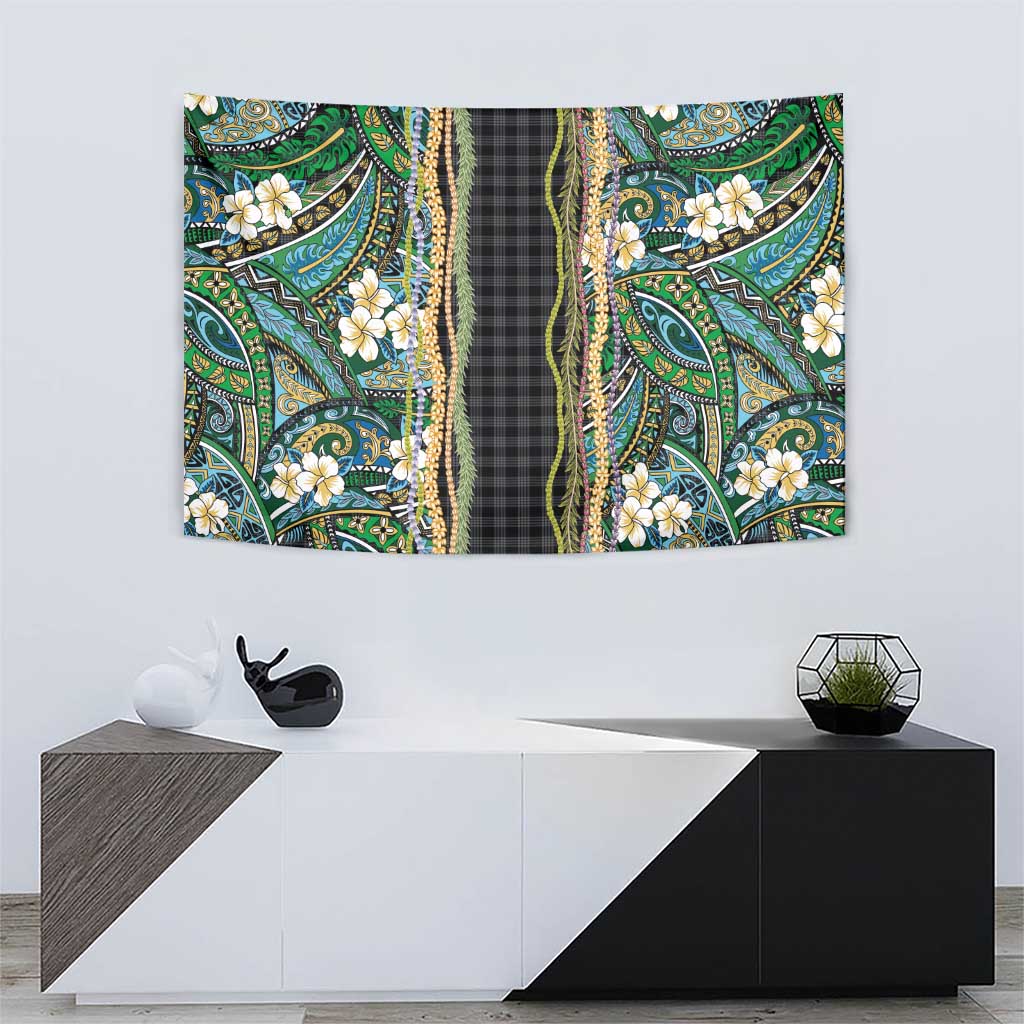 Hawaiian Art Flower Tribal with Lei Tapestry Palaka Pattern Black Color - Polynesian Pride