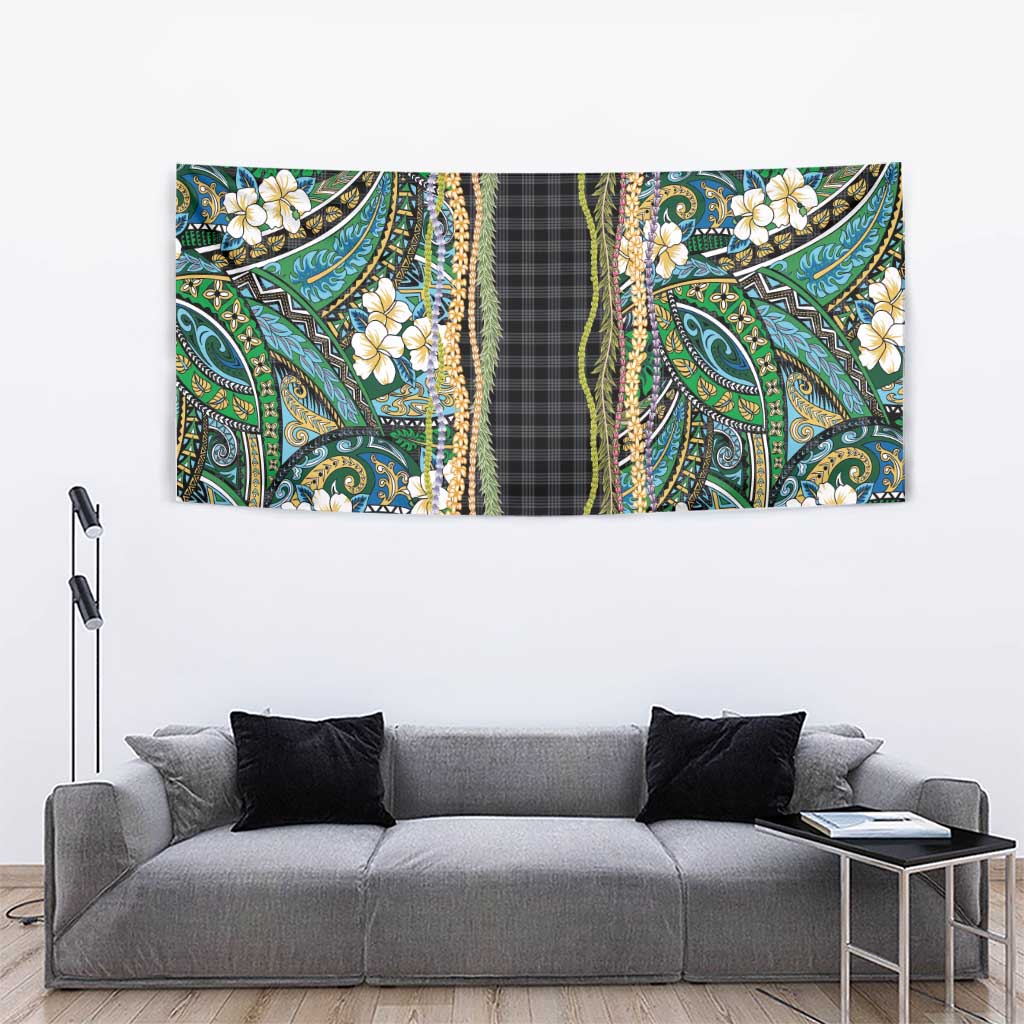 Hawaiian Art Flower Tribal with Lei Tapestry Palaka Pattern Black Color - Polynesian Pride