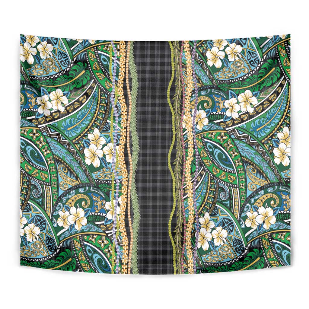 Hawaiian Art Flower Tribal with Lei Tapestry Palaka Pattern Black Color - Polynesian Pride