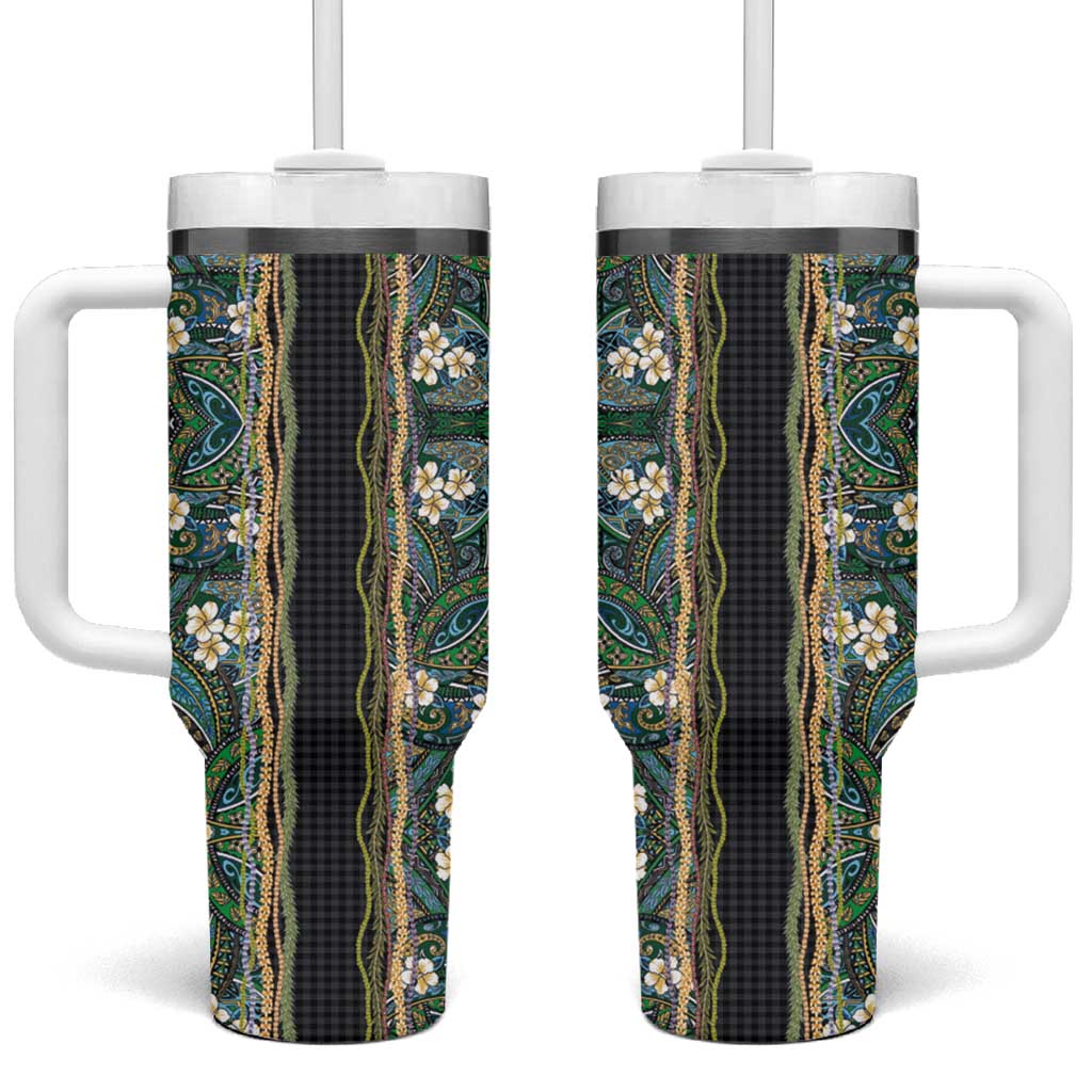 Hawaiian Art Flower Tribal with Lei Tumbler With Handle Palaka Pattern Black Color - Polynesian Pride