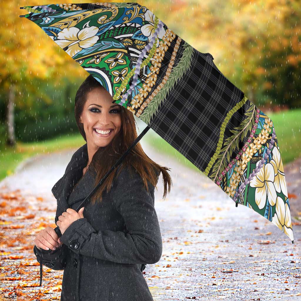 Hawaiian Art Flower Tribal with Lei Umbrella Palaka Pattern Black Color - Polynesian Pride