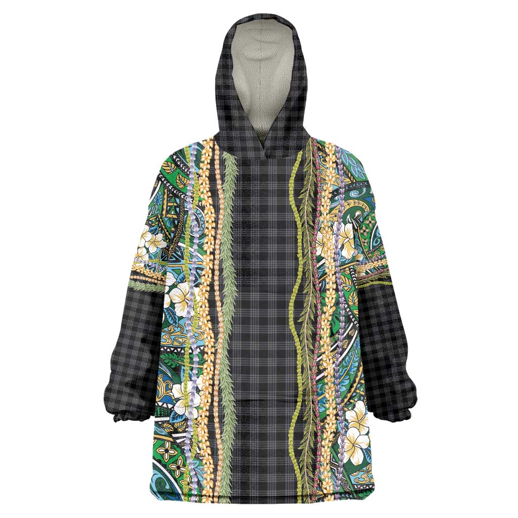 Hawaiian Art Flower Tribal with Lei Wearable Blanket Hoodie Palaka Pattern Black Color - Polynesian Pride