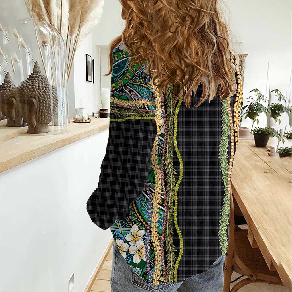 Hawaiian Art Flower Tribal with Lei Women Casual Shirt Palaka Pattern Black Color - Polynesian Pride