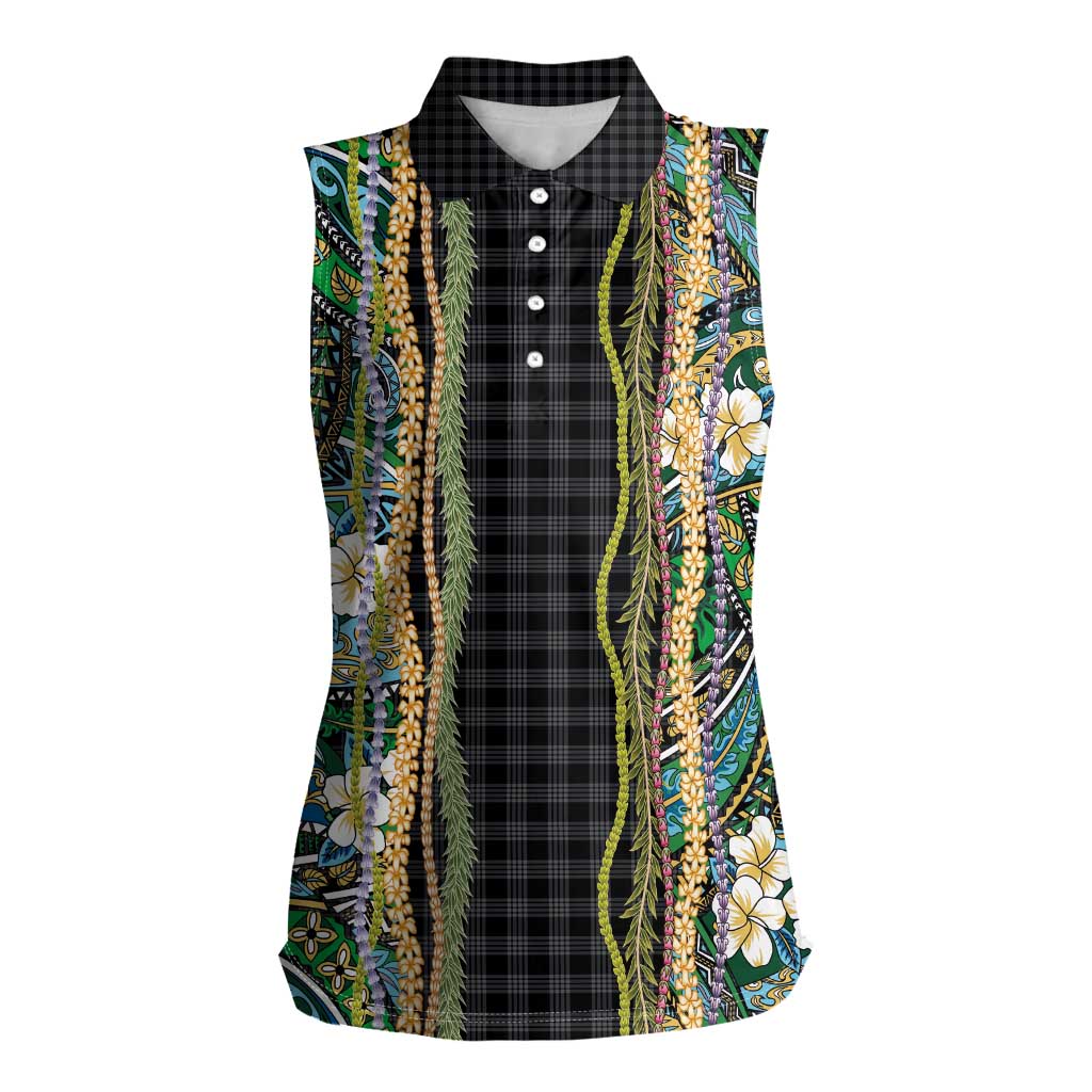 Hawaiian Art Flower Tribal with Lei Women Sleeveless Polo Shirt Palaka Pattern Black Color - Polynesian Pride
