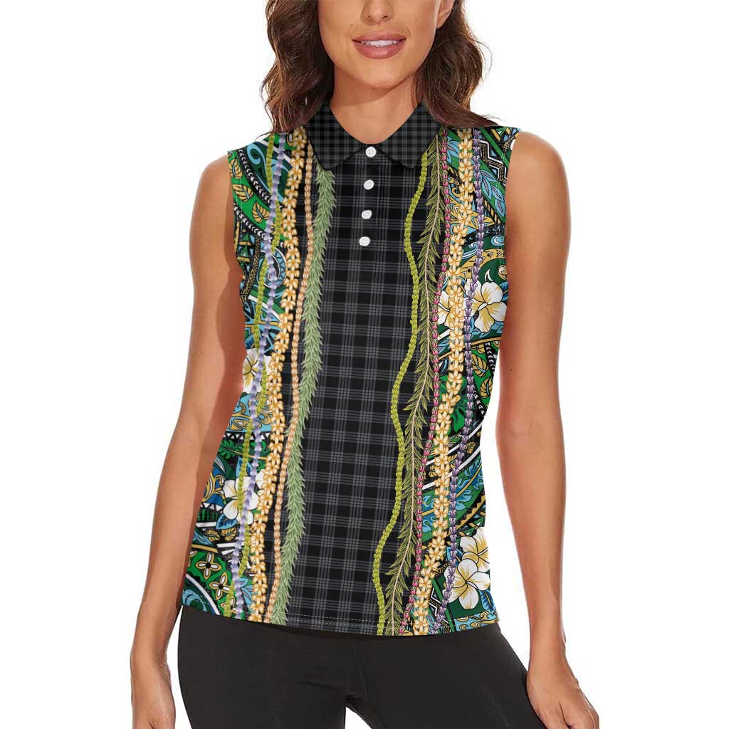 Hawaiian Art Flower Tribal with Lei Women Sleeveless Polo Shirt Palaka Pattern Black Color - Polynesian Pride
