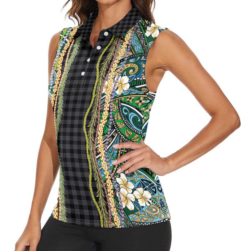 Hawaiian Art Flower Tribal with Lei Women Sleeveless Polo Shirt Palaka Pattern Black Color - Polynesian Pride