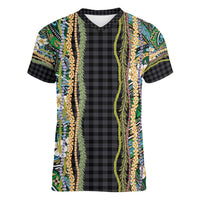 Hawaiian Art Flower Tribal with Lei Women V-Neck T-Shirt Palaka Pattern Black Color - Polynesian Pride