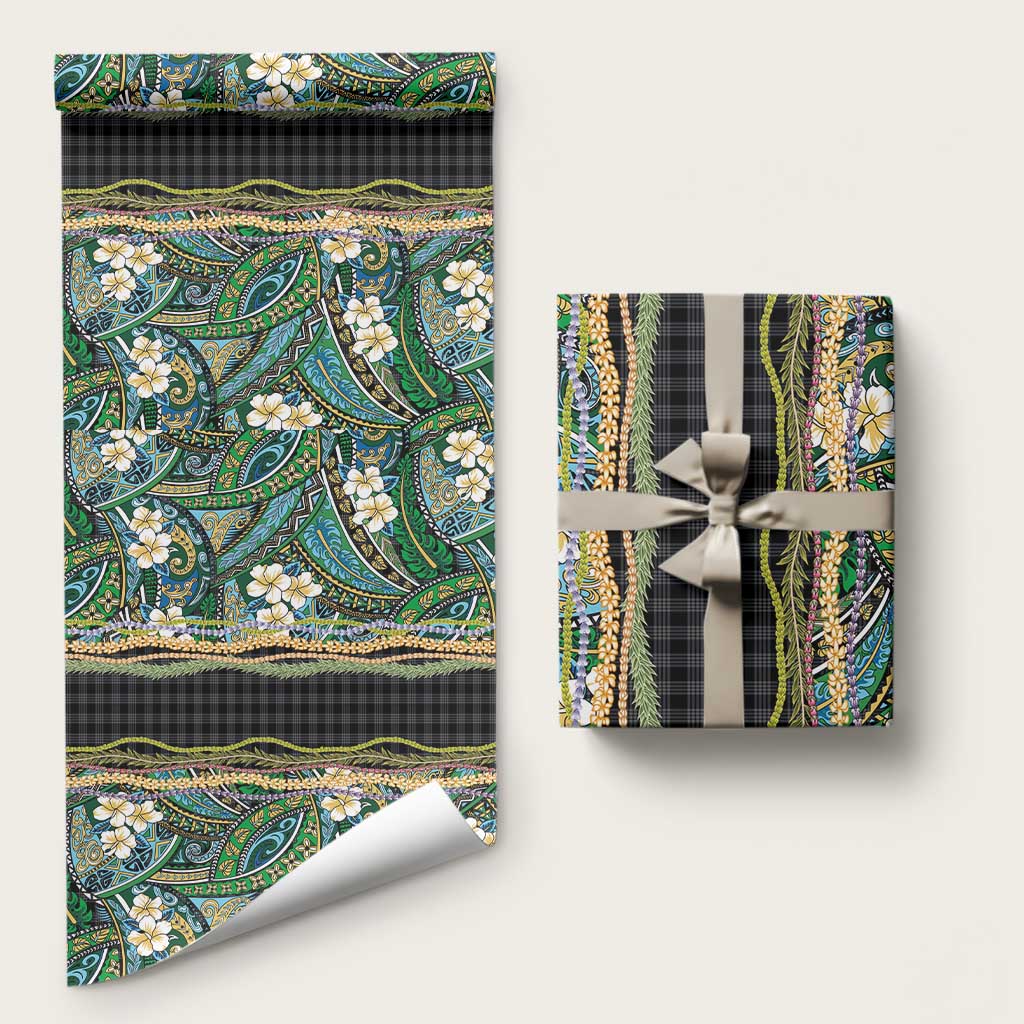 Hawaiian Art Flower Tribal with Lei Wrapping Paper Palaka Pattern Black Color - Polynesian Pride