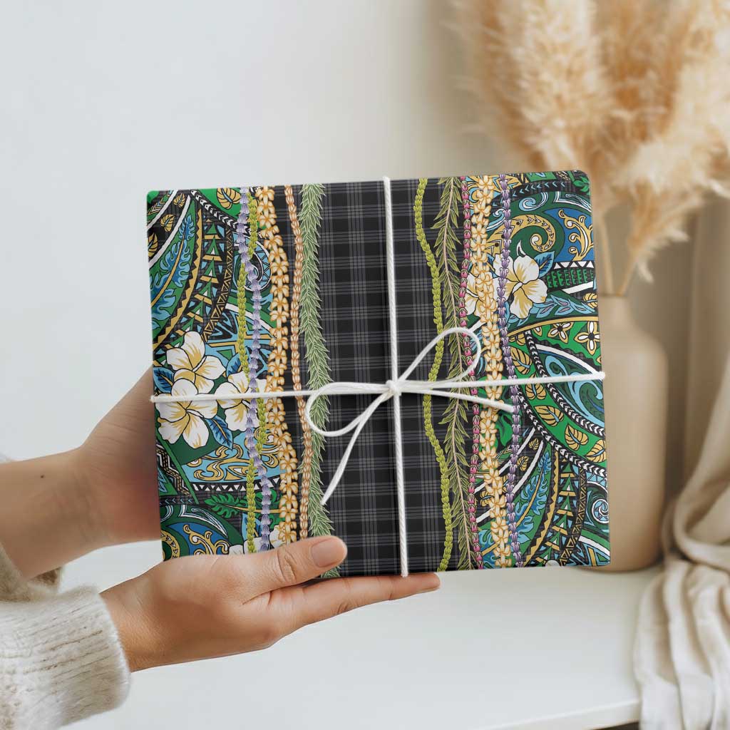 Hawaiian Art Flower Tribal with Lei Wrapping Paper Palaka Pattern Black Color - Polynesian Pride