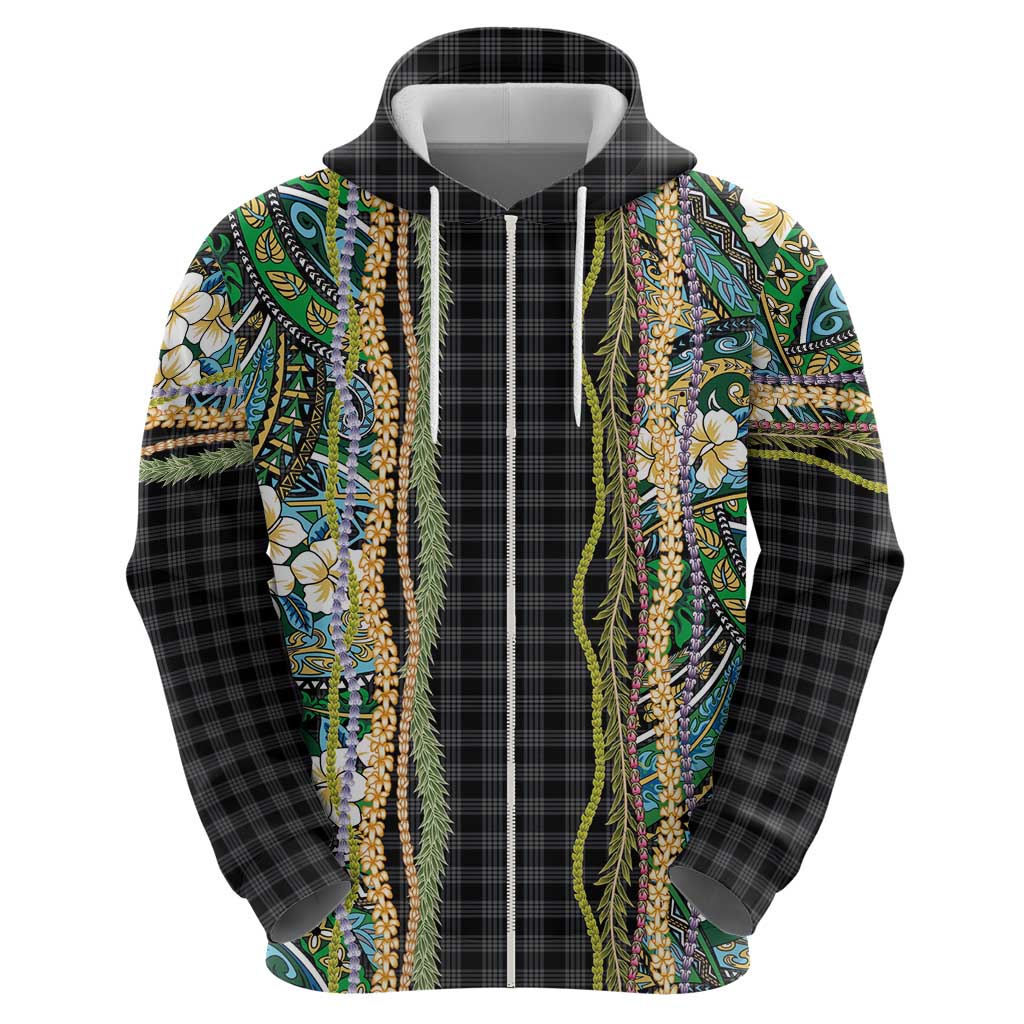 Hawaiian Art Flower Tribal with Lei Zip Hoodie Palaka Pattern Black Color - Polynesian Pride
