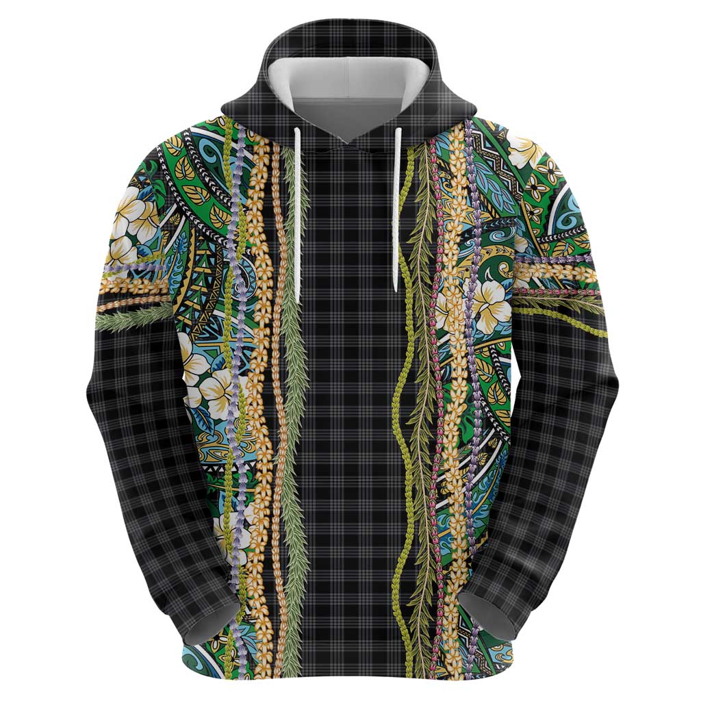 Hawaiian Art Flower Tribal with Lei Zip Hoodie Palaka Pattern Black Color - Polynesian Pride