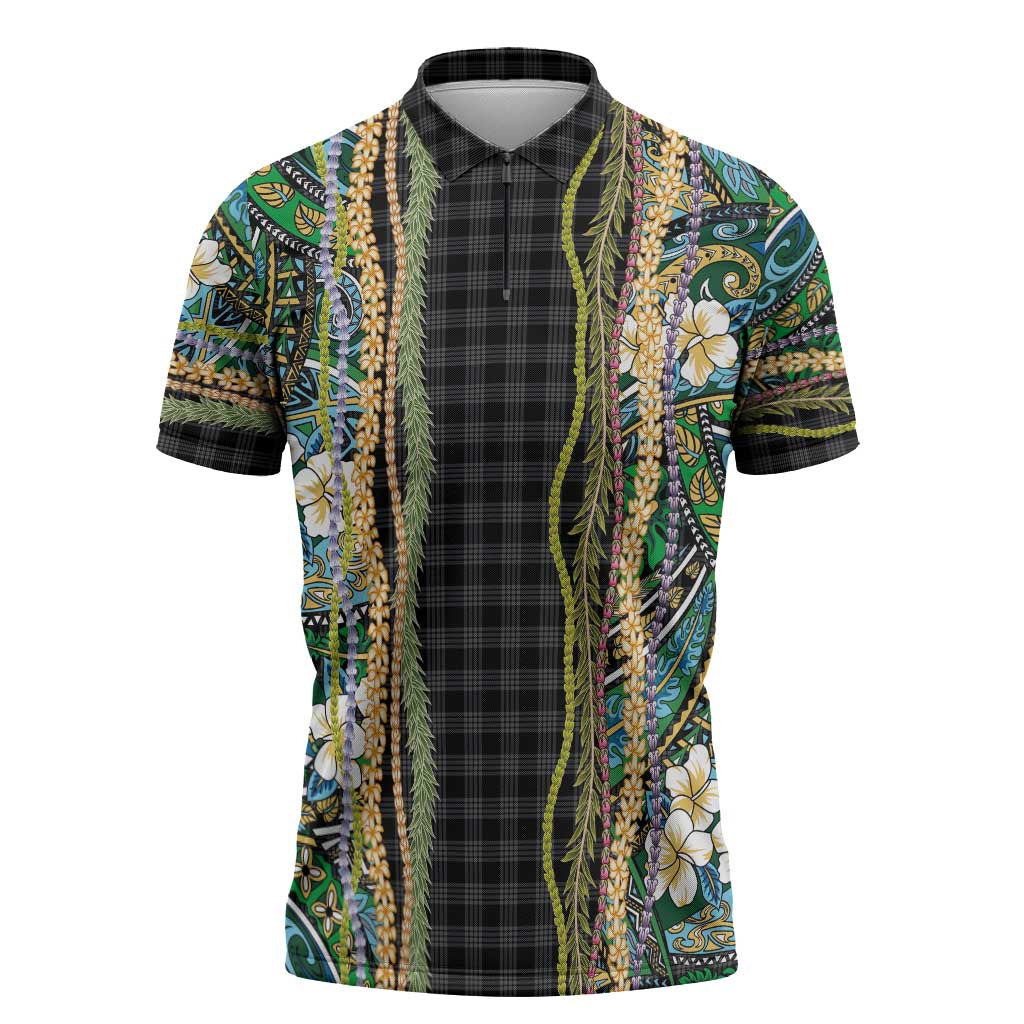 Hawaiian Art Flower Tribal with Lei Zipper Polo Shirt Palaka Pattern Black Color - Polynesian Pride