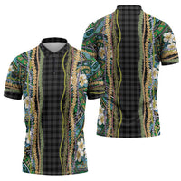 Hawaiian Art Flower Tribal with Lei Zipper Polo Shirt Palaka Pattern Black Color - Polynesian Pride