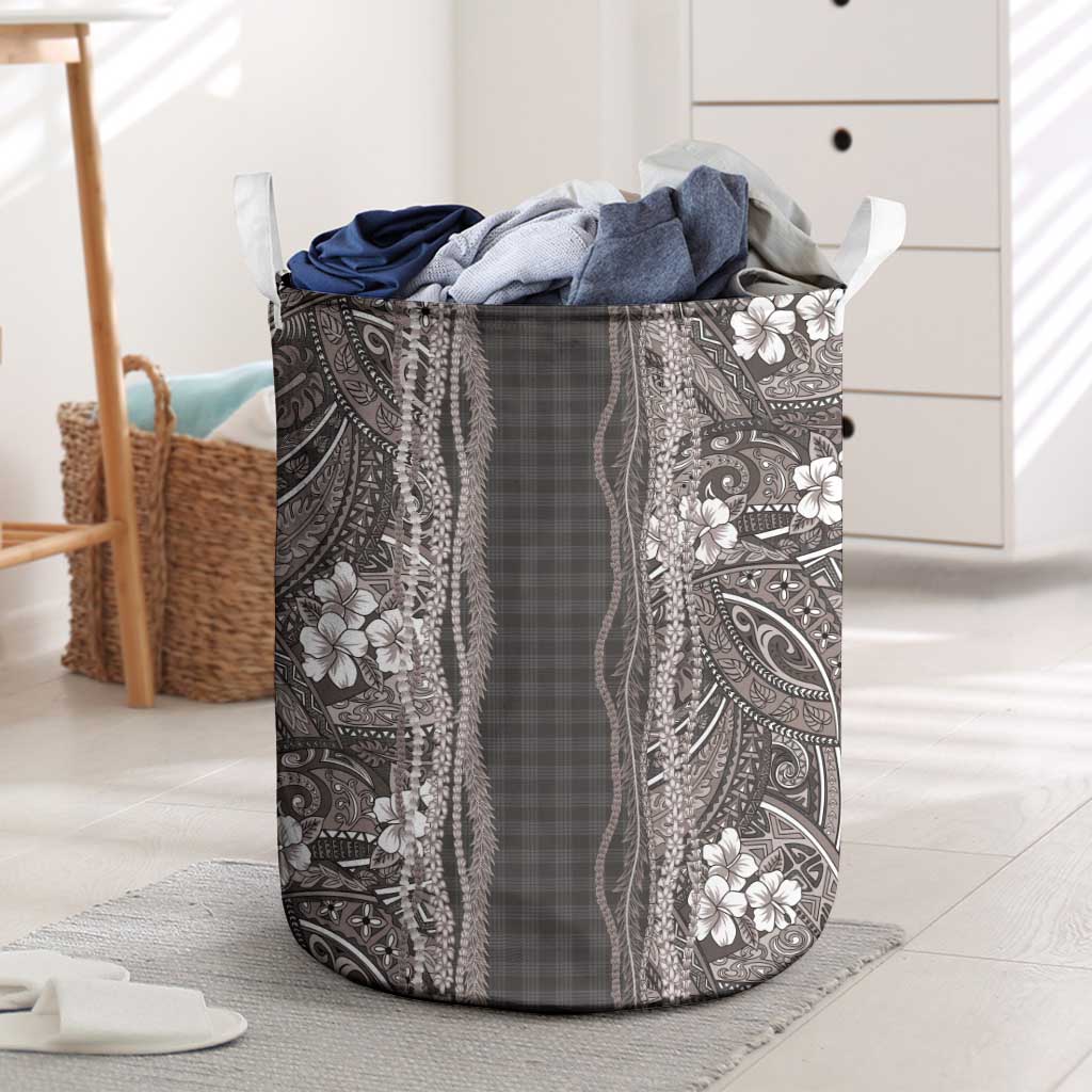 Hawaiian Art Flower Tribal with Lei Laundry Basket Palaka Pattern Grayscale - Polynesian Pride