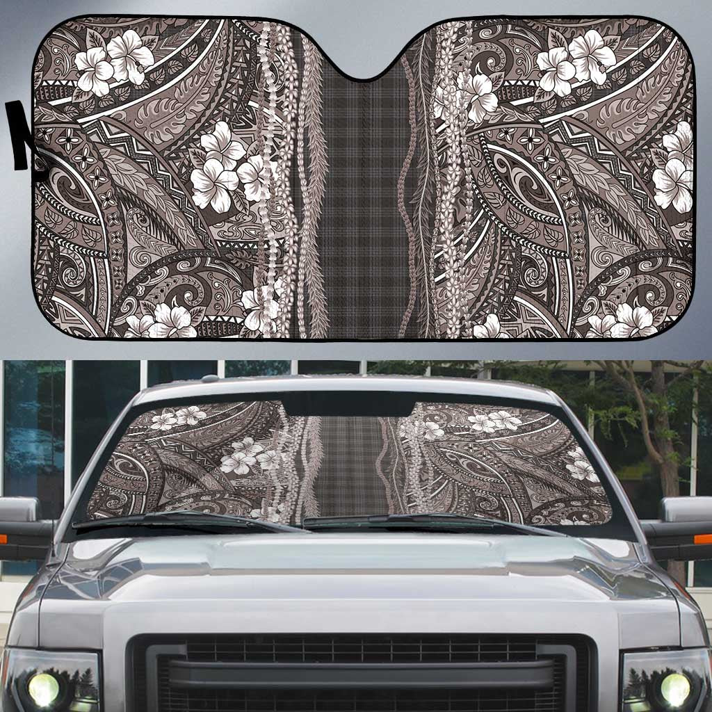 Hawaiian Art Flower Tribal with Lei Auto Sun Shade Palaka Pattern Grayscale - Polynesian Pride