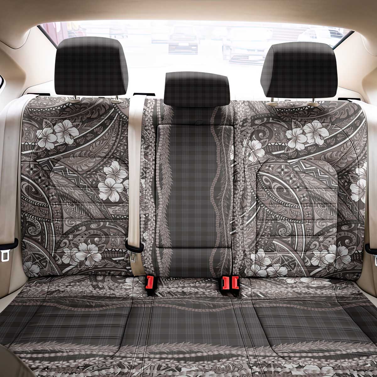 Hawaiian Art Flower Tribal with Lei Back Car Seat Cover Palaka Pattern Grayscale - Polynesian Pride