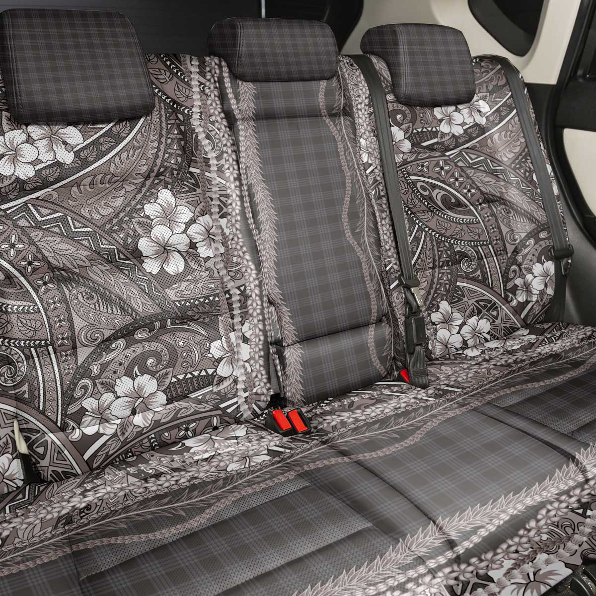 Hawaiian Art Flower Tribal with Lei Back Car Seat Cover Palaka Pattern Grayscale - Polynesian Pride