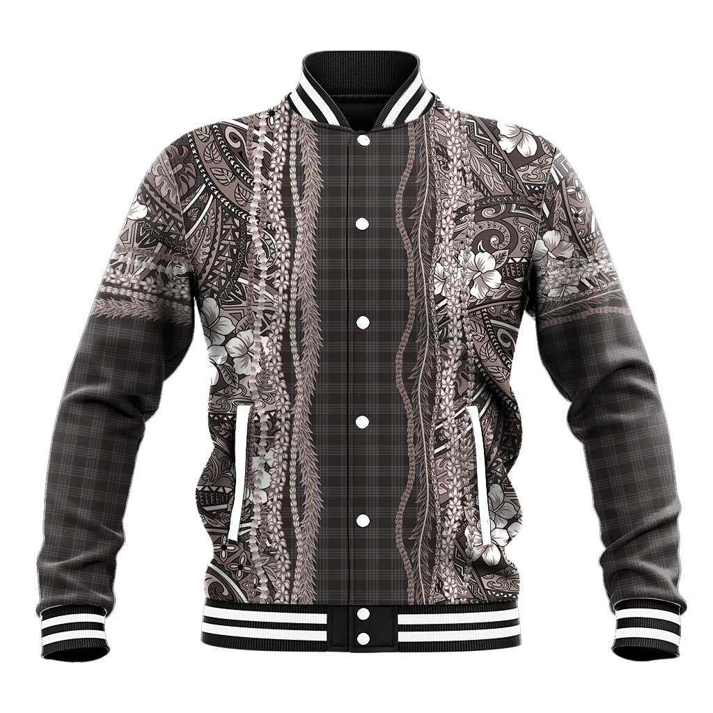 Hawaiian Art Flower Tribal with Lei Baseball Jacket Palaka Pattern Grayscale - Polynesian Pride