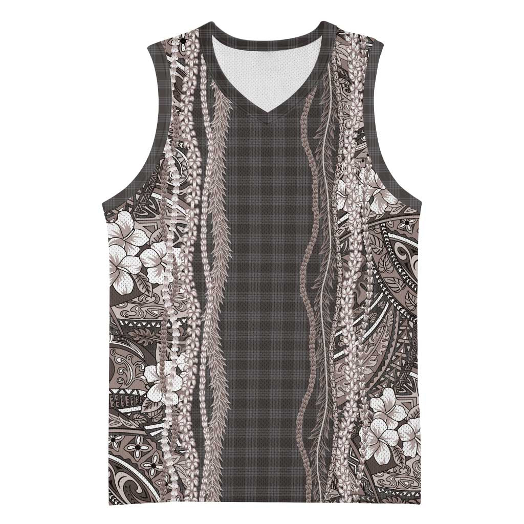 Hawaiian Art Flower Tribal with Lei Basketball Jersey Palaka Pattern Grayscale - Polynesian Pride