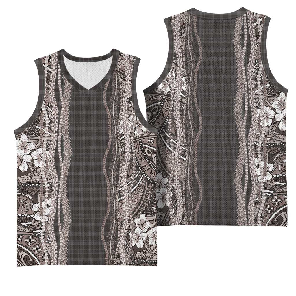 Hawaiian Art Flower Tribal with Lei Basketball Jersey Palaka Pattern Grayscale - Polynesian Pride