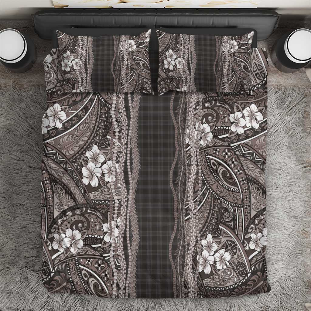 Hawaiian Art Flower Tribal with Lei Bedding Set Palaka Pattern Grayscale - Polynesian Pride