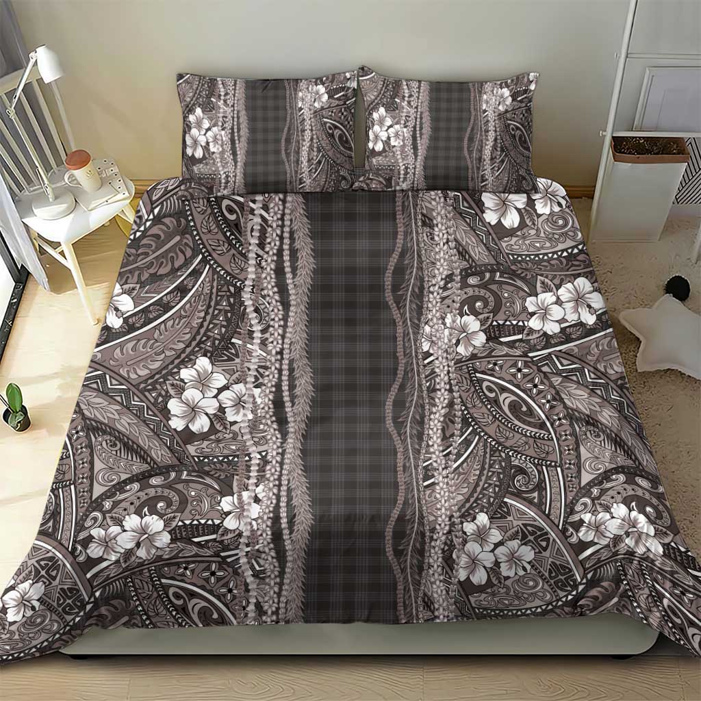 Hawaiian Art Flower Tribal with Lei Bedding Set Palaka Pattern Grayscale - Polynesian Pride