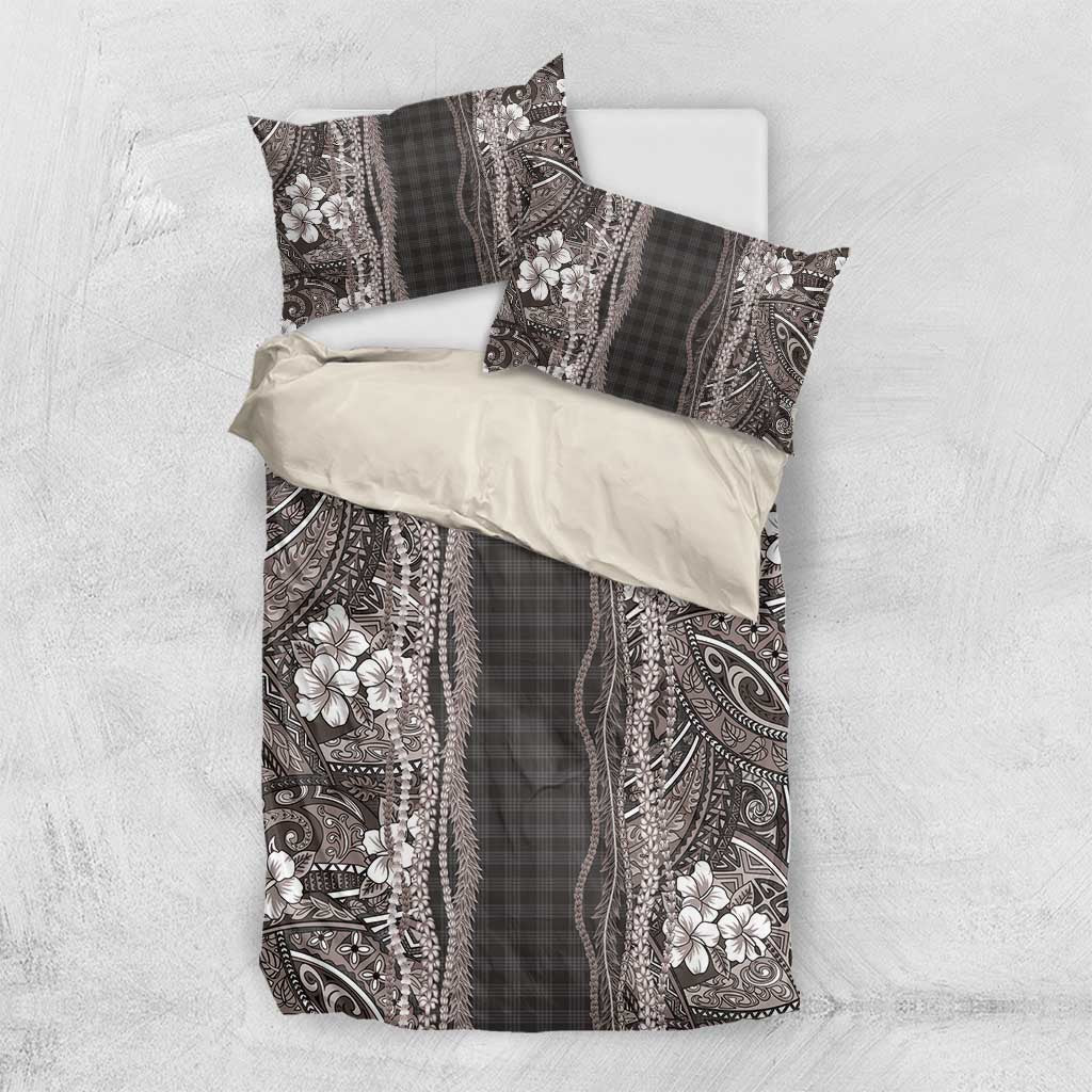 Hawaiian Art Flower Tribal with Lei Bedding Set Palaka Pattern Grayscale - Polynesian Pride