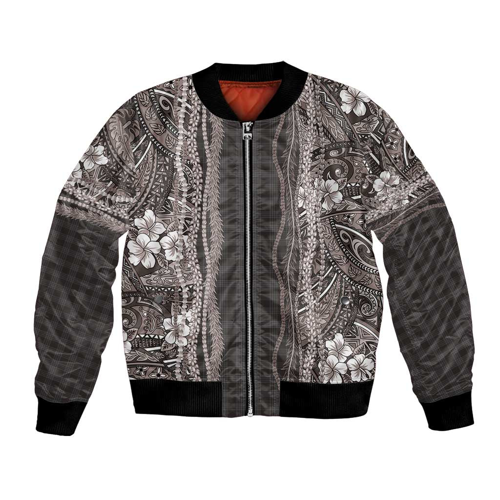 Hawaiian Art Flower Tribal with Lei Bomber Jacket Palaka Pattern Grayscale - Polynesian Pride