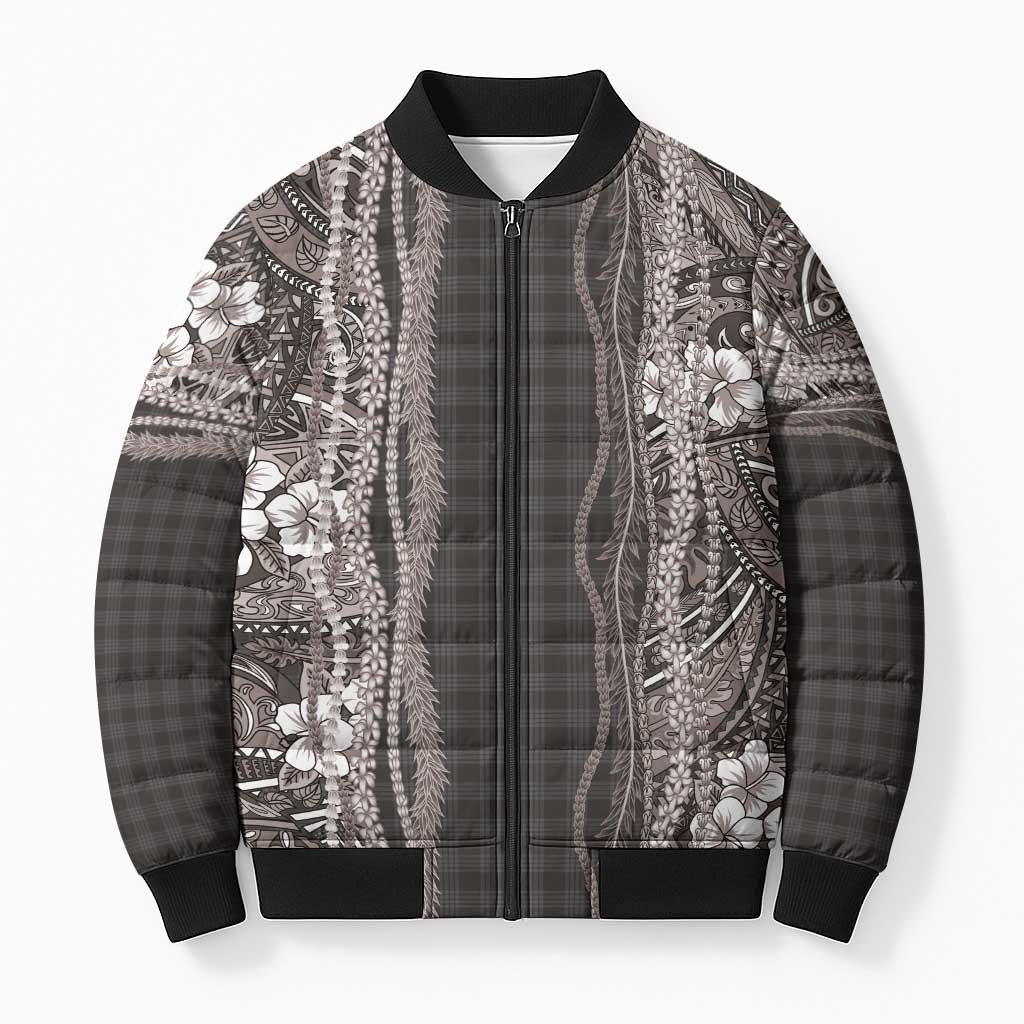 Hawaiian Art Flower Tribal with Lei Bomber Puffer Jacket Palaka Pattern Grayscale - Polynesian Pride