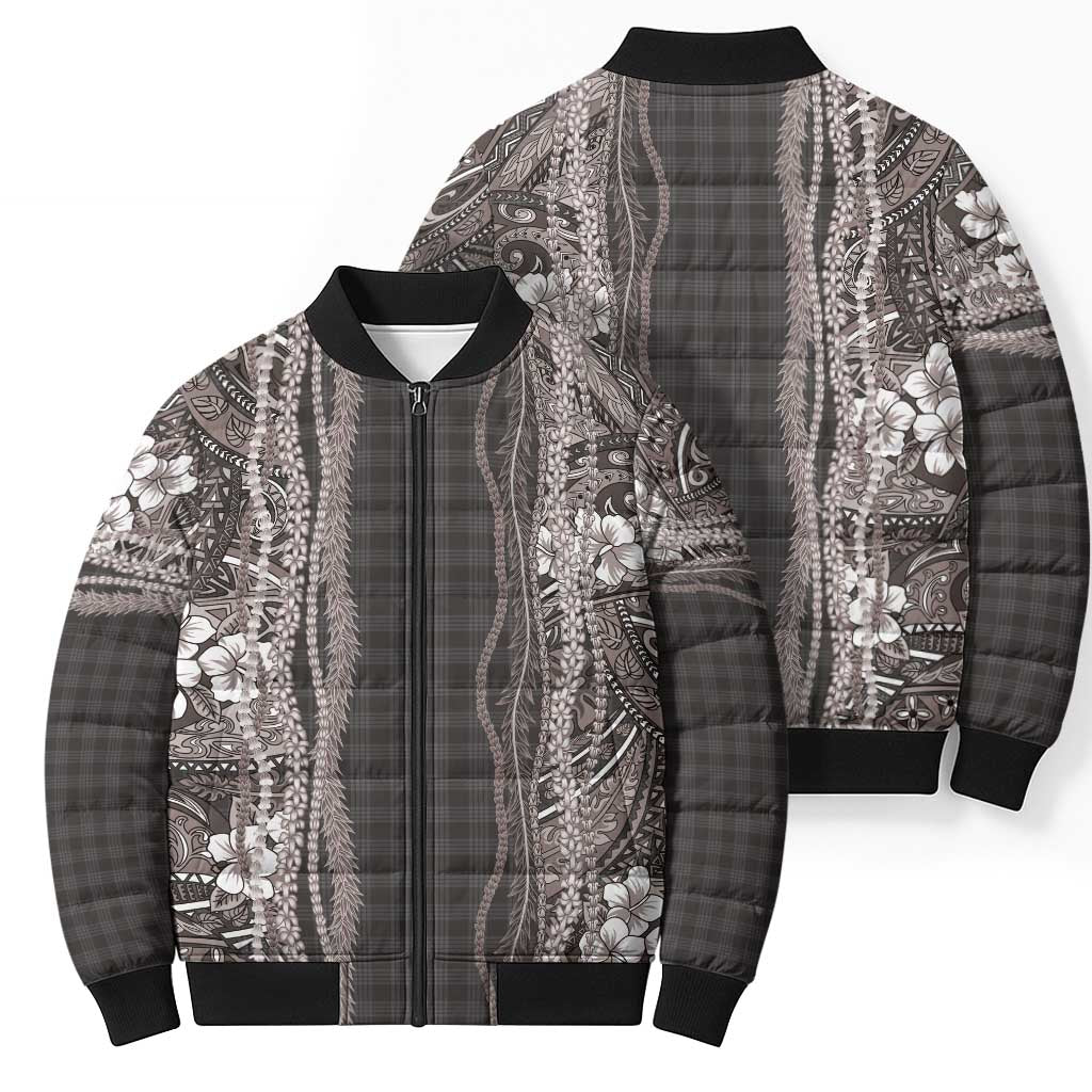 Hawaiian Art Flower Tribal with Lei Bomber Puffer Jacket Palaka Pattern Grayscale - Polynesian Pride