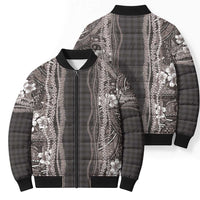 Hawaiian Art Flower Tribal with Lei Bomber Puffer Jacket Palaka Pattern Grayscale - Polynesian Pride