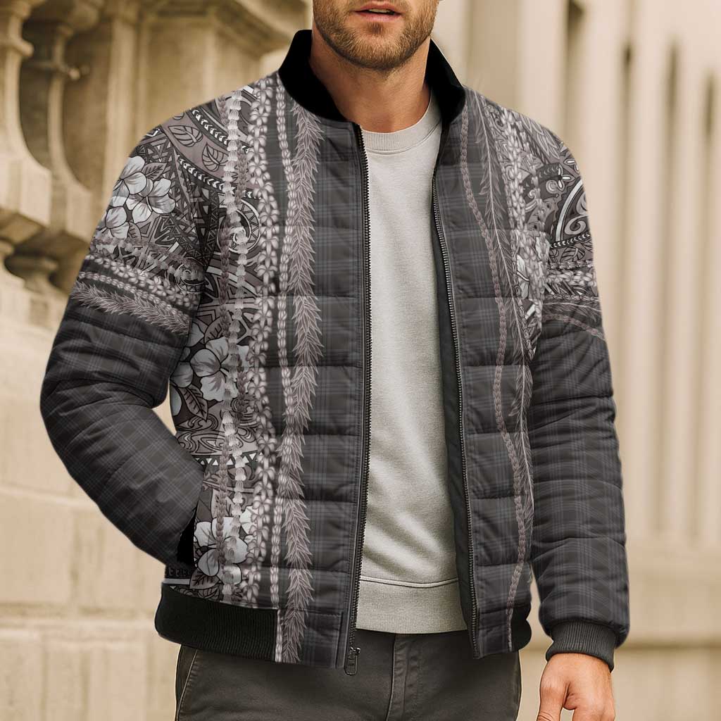 Hawaiian Art Flower Tribal with Lei Bomber Puffer Jacket Palaka Pattern Grayscale - Polynesian Pride