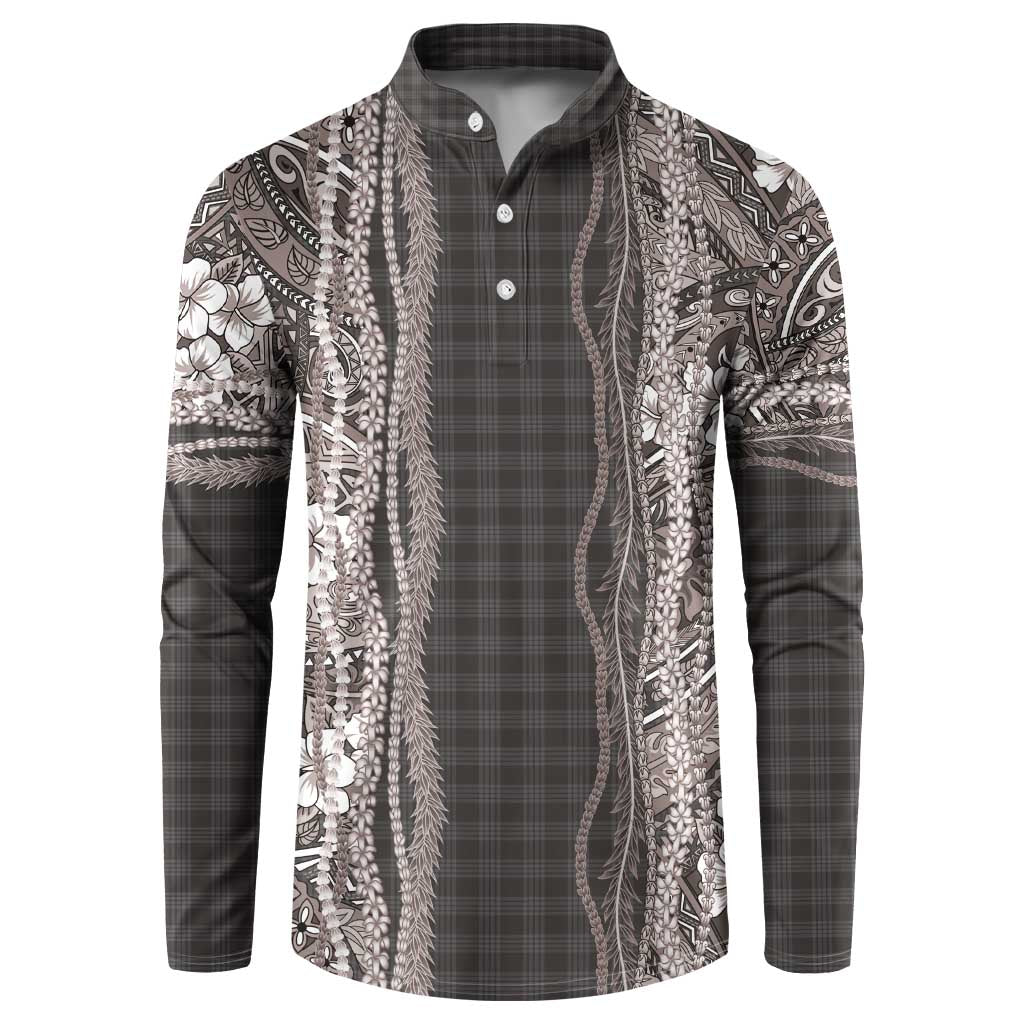 Hawaiian Art Flower Tribal with Lei Button Sweatshirt Palaka Pattern Grayscale - Polynesian Pride