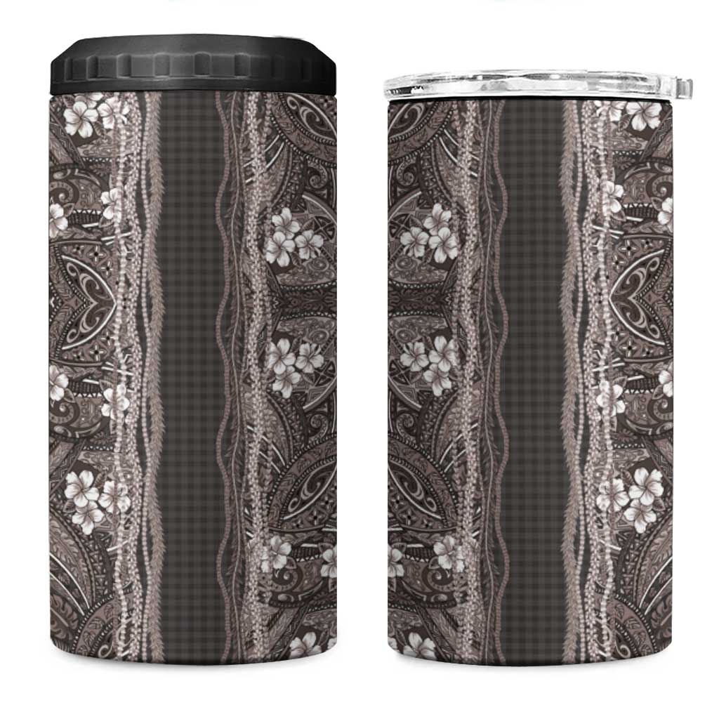 Hawaiian Art Flower Tribal with Lei 4 in 1 Can Cooler Tumbler Palaka Pattern Grayscale - Polynesian Pride