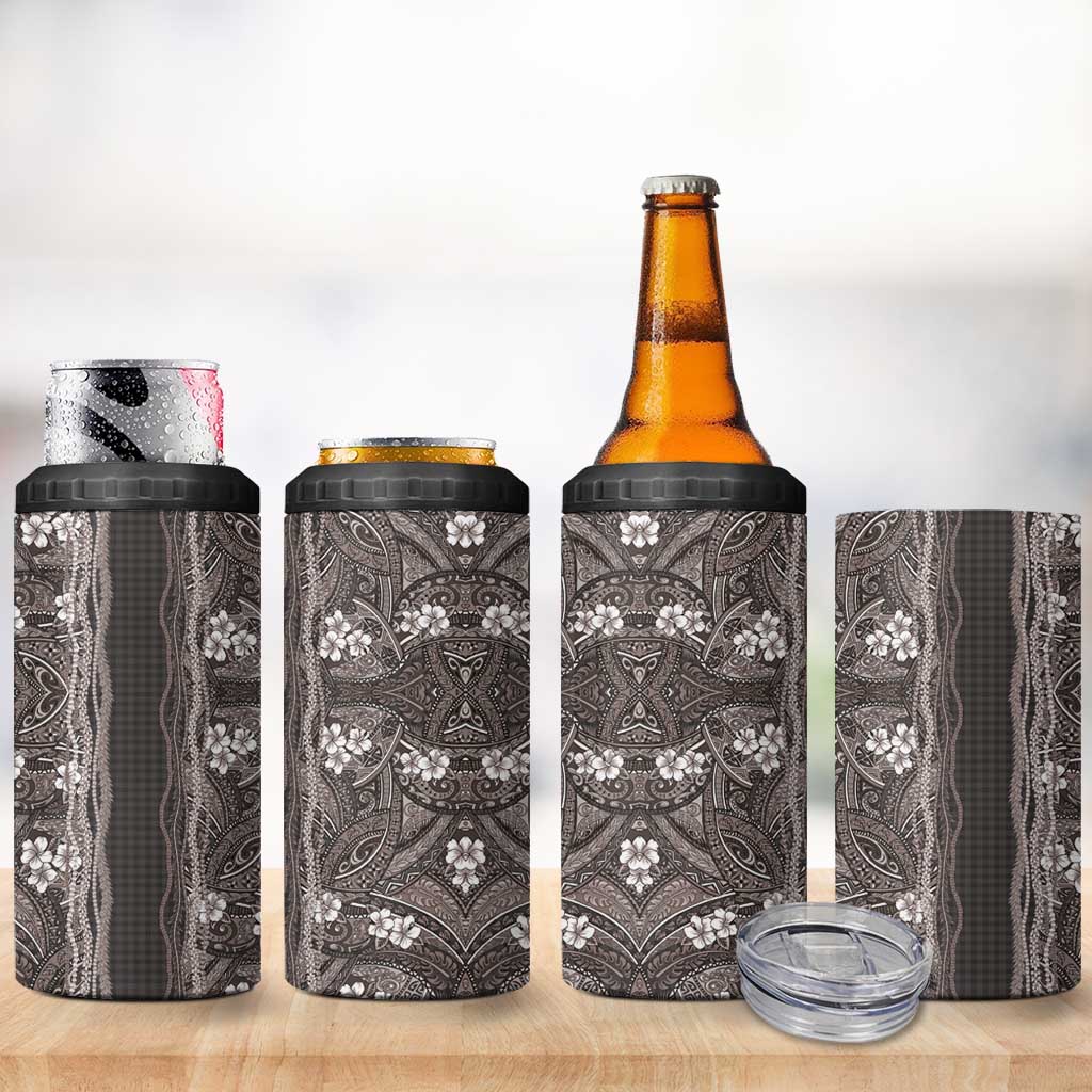 Hawaiian Art Flower Tribal with Lei 4 in 1 Can Cooler Tumbler Palaka Pattern Grayscale - Polynesian Pride