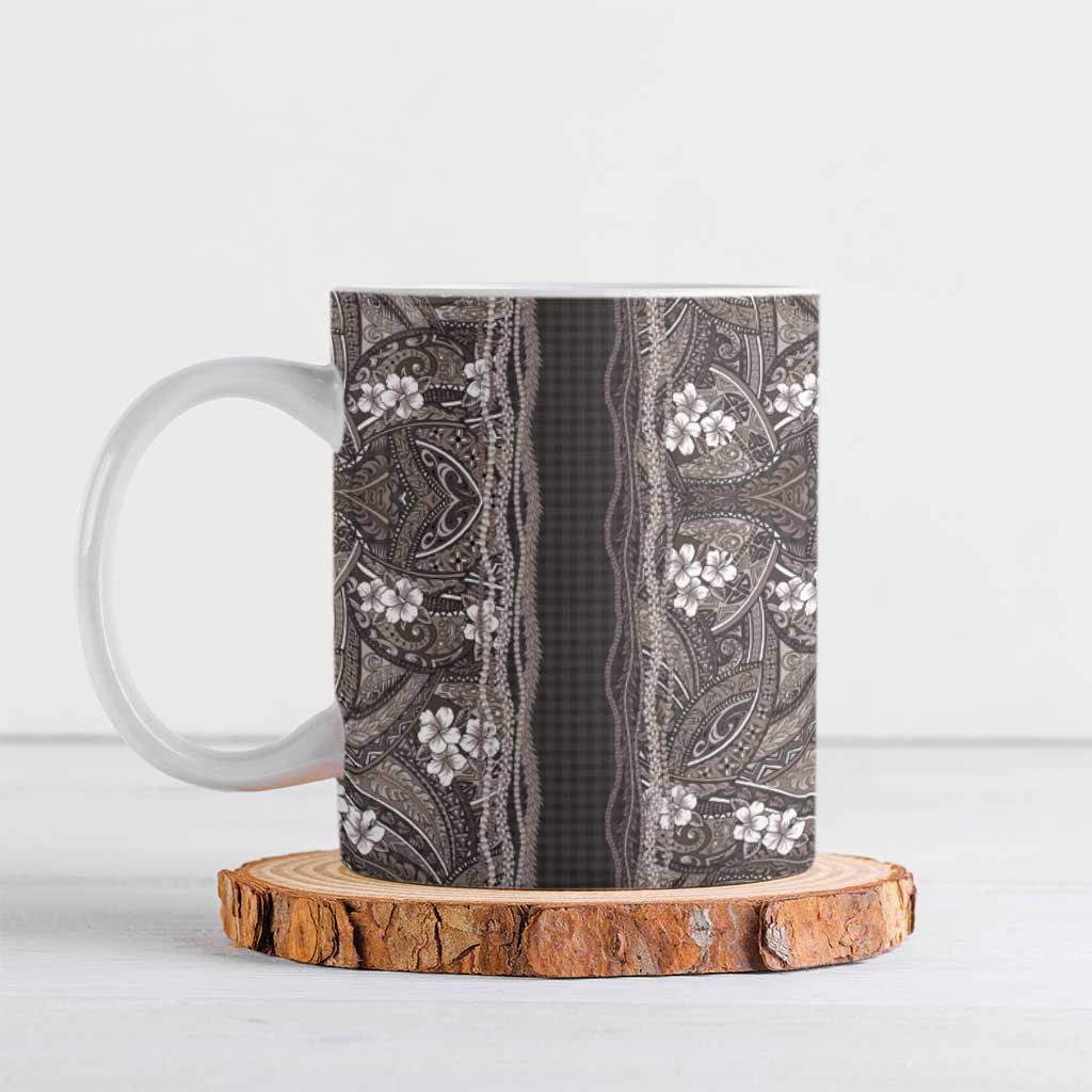 Hawaiian Art Flower Tribal with Lei Ceramic Mug Palaka Pattern Grayscale - Polynesian Pride