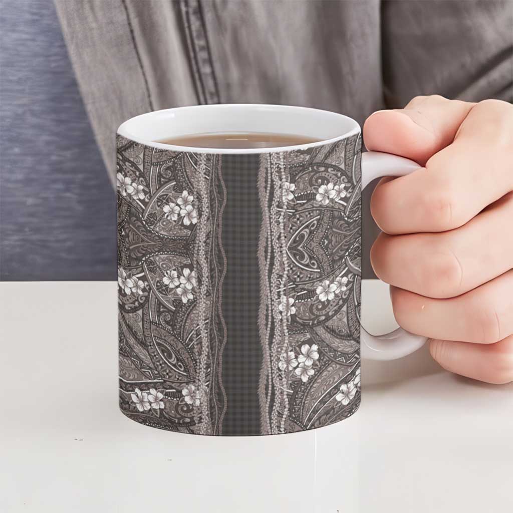 Hawaiian Art Flower Tribal with Lei Ceramic Mug Palaka Pattern Grayscale - Polynesian Pride