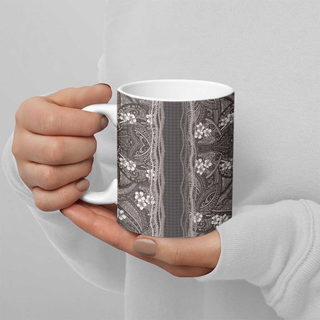 Hawaiian Art Flower Tribal with Lei Ceramic Mug Palaka Pattern Grayscale - Polynesian Pride